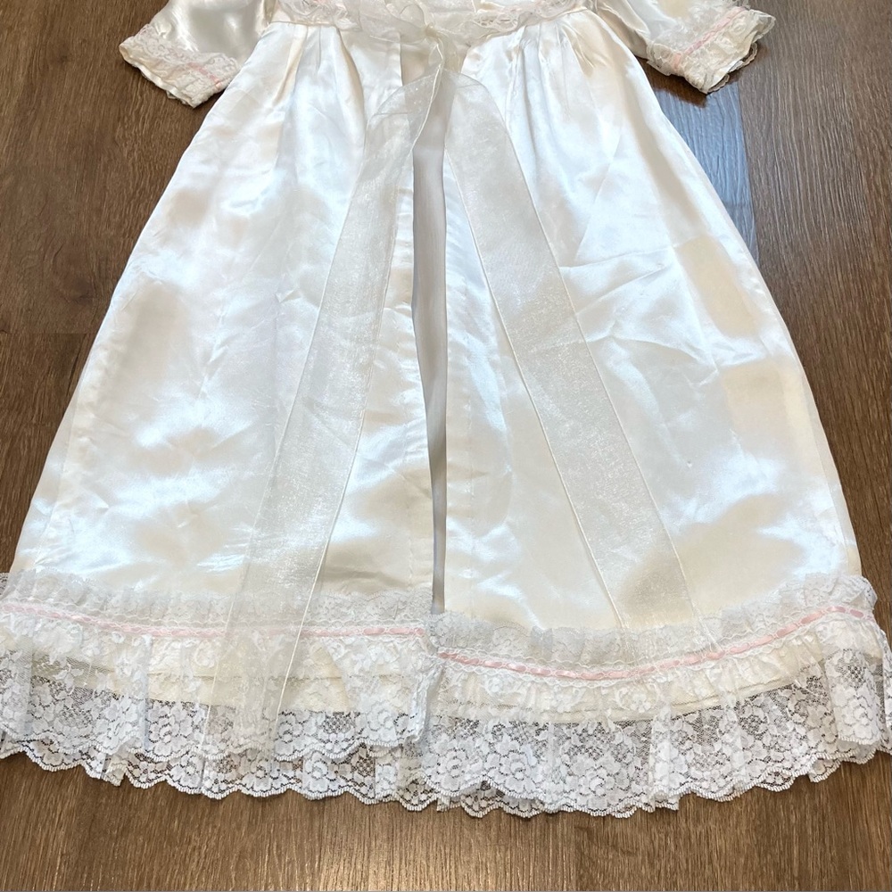 Little Girls Christening Gown Cover & Bonnet with Lace Trim Pink Rose Accents - Picture 3 of 14
